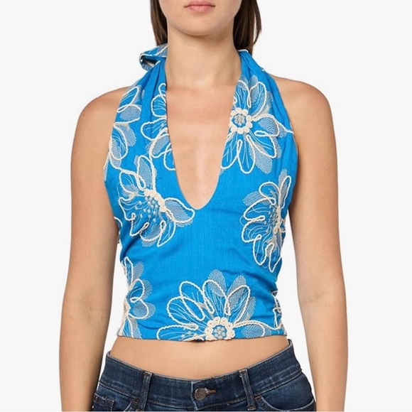 Ramy Brook Harlow Blue Floral Embroidered Halter Top NWT Linen Blend Size 6